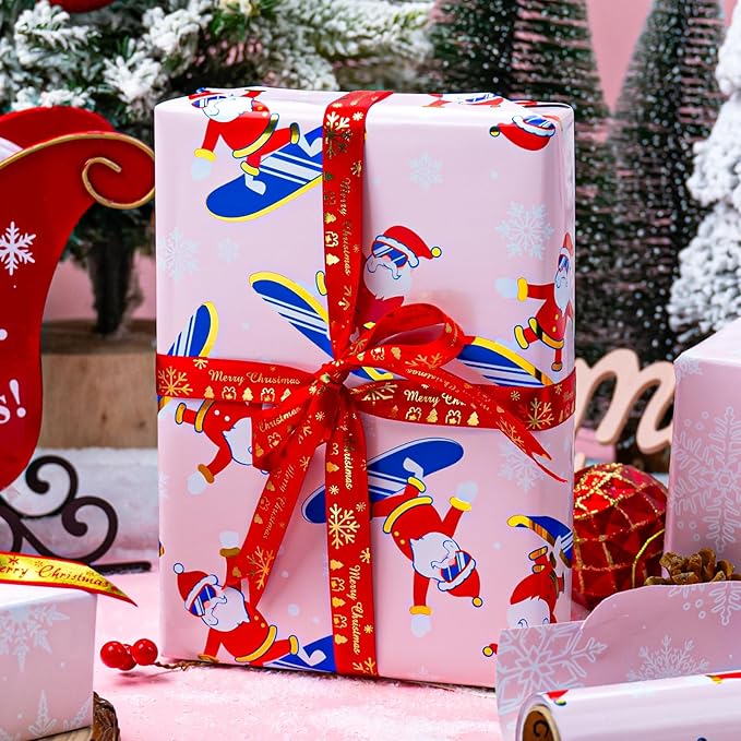 MAYPLUSS Christmas Wrapping Paper Roll - 17 Inch X 33 Feet - Skiing Santa Claus Gift Wrapping Paper Reversible Snowflake Thick Wrap Paper for Holiday Party New Year Kids