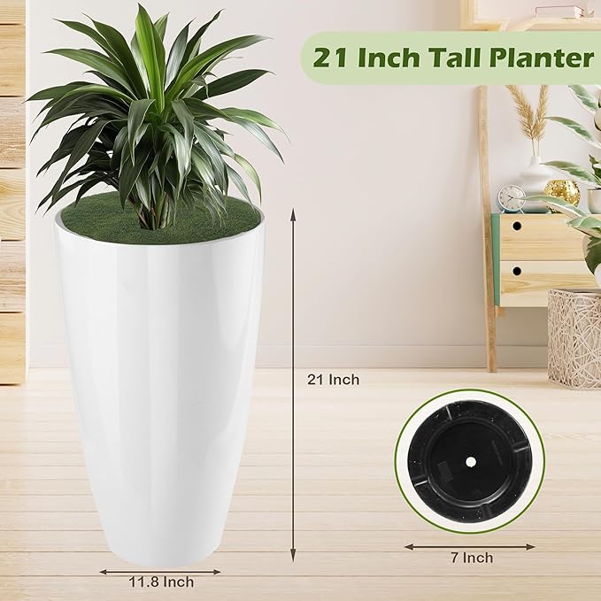 2 Packs 21 inch Tall Planter, Indoor Outdoor Round Planter for Porch, Large Plant Pot with Drainage Hole for Home Garden Front Door, Modern Decorative Pots for Plants (White)