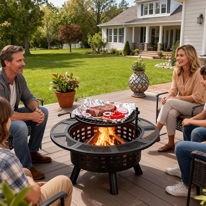 Verdeluxe 36 inch Outdoor Fire Pit with Grill,Wood Burning Fire Pits for Outside with Lid & Fire Poker,Metal 3-in-1 Firepit Table with Cooking Grate,Outdoor Firepit for Yard,Bonfire,Patio(Charcoal)