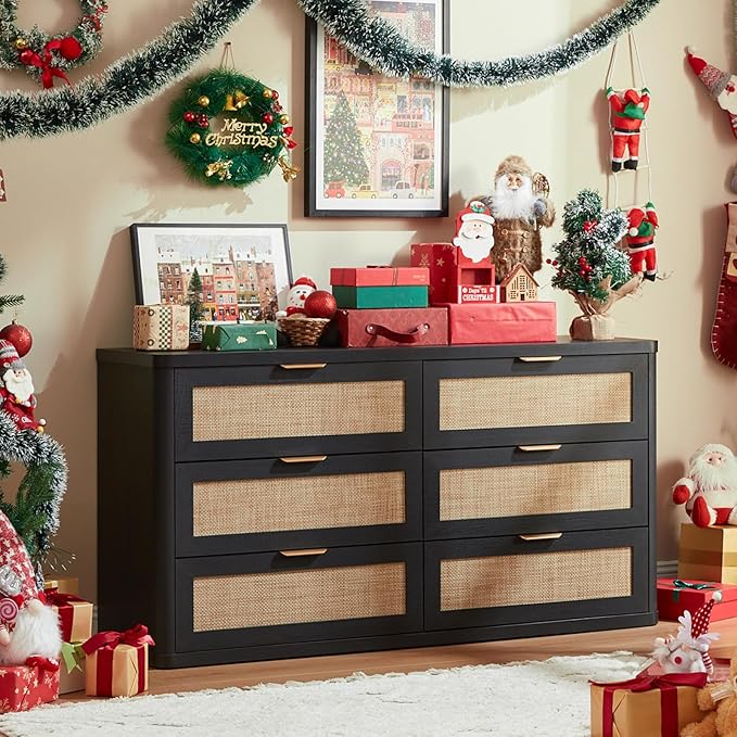 LEYAOYAO Rattan 6 Drawer Dresser for Bedroom Set of 2, Boho 54" Wide Black Dresser Chest of Drawers, Dressers TV Stand with Metal Handle, Storage Dressers Closet Organizer for Living Room, Hallway