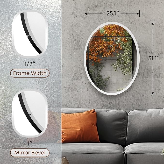OVALCREST - Oval Wooden Beveled Wall Mirror for Home Decor, Bathroom, Vanity, Bedroom, Living Room, Hallway - London Style (Linen White) 31.1 x 25.1
