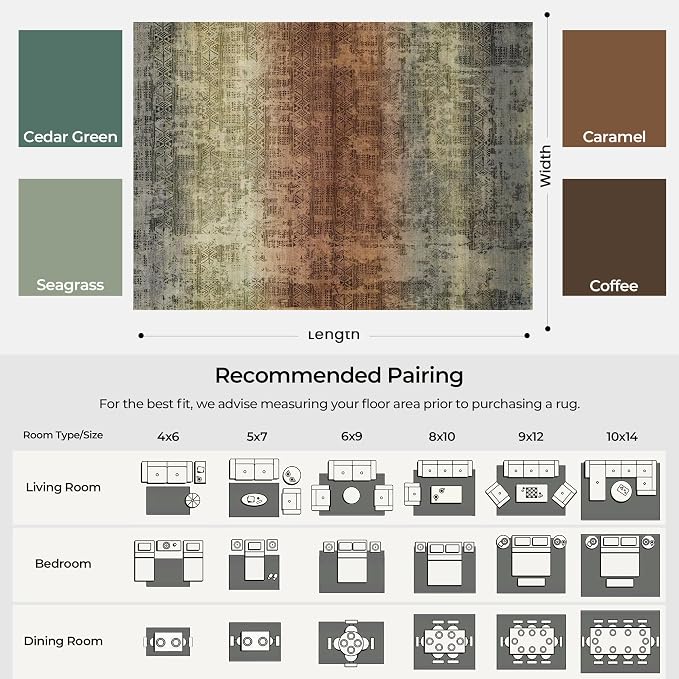 Kokia Abstract Area Rugs 8x10 Bedroom Soft Living Room Rugs Washable Distressed Vintage Comfy Carpet with Non-Slip Backing for Farmhouse Home Office Room Decor, Warm Brown and Dark Sage Green