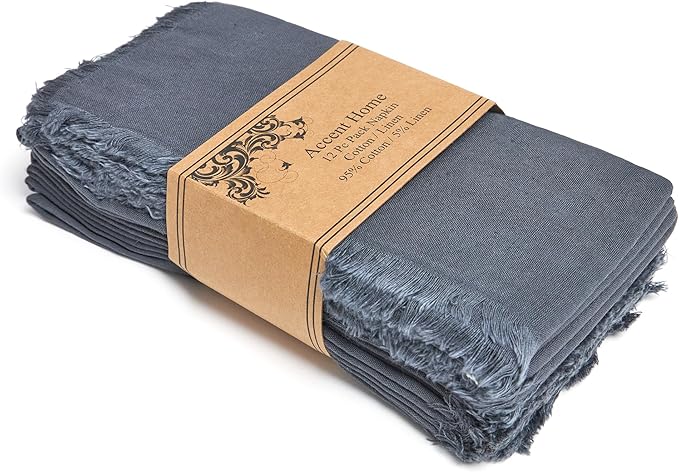 ACCENTHOME Grey Cotton Linen Napkin Set of 12 18x18 inch Dinner Napkins - Washable Soft Premium Hotel Quality Reusable Hemmed Edges Napkins Perfect Table Linens for Family Dinners, Weddings