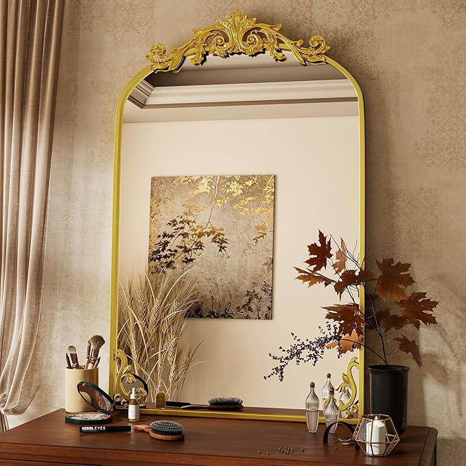VooBang 26x38 inch Vintage Arched Bathroom Mirror - Gorgeous Wall Vanity Mirror with Beautiful Retro Top and Bottom Engraving Process Frame for Entryway Hallway Living Room, Gold