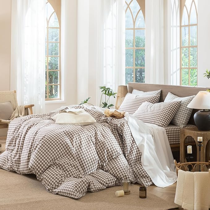 MooMee Gingham Duvet Cover Set 100% Washed Cotton Linen Like Textured Breathable Durable Soft Comfy Modern Checkered Design (Brown Gingham, Super King 108"x98")