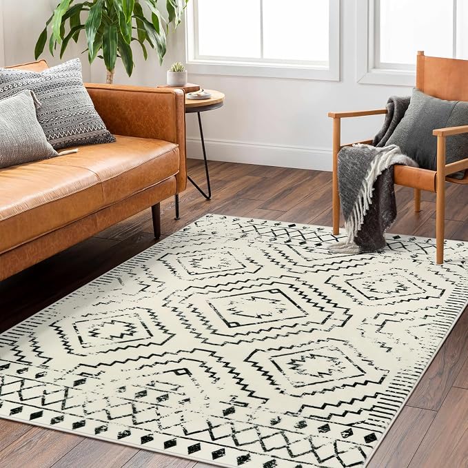 Wonnitar Moroccan 4x6 Area Rug, White Boho Rugs for Living Room, Washable Soft Large Rug for Bedroom,Non-Slip Geometric Throw Carpet, Low Pile Accent Mat for Nursery Bedside Dorm (Beige,4'x6')