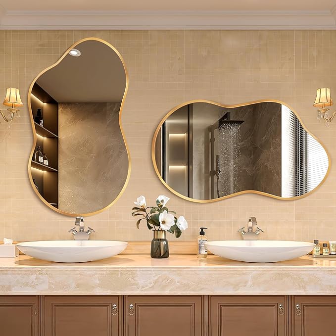 Dorlicecass Irregular Wall Mirror - Wall Mirrors Decorative 24"x36" Gold Asymmetrical Mirror Tempered Glass Aviation Aluminum Alloy Frame for Bathroom, Bedroom, Living Room, Cloakroom, Entryway