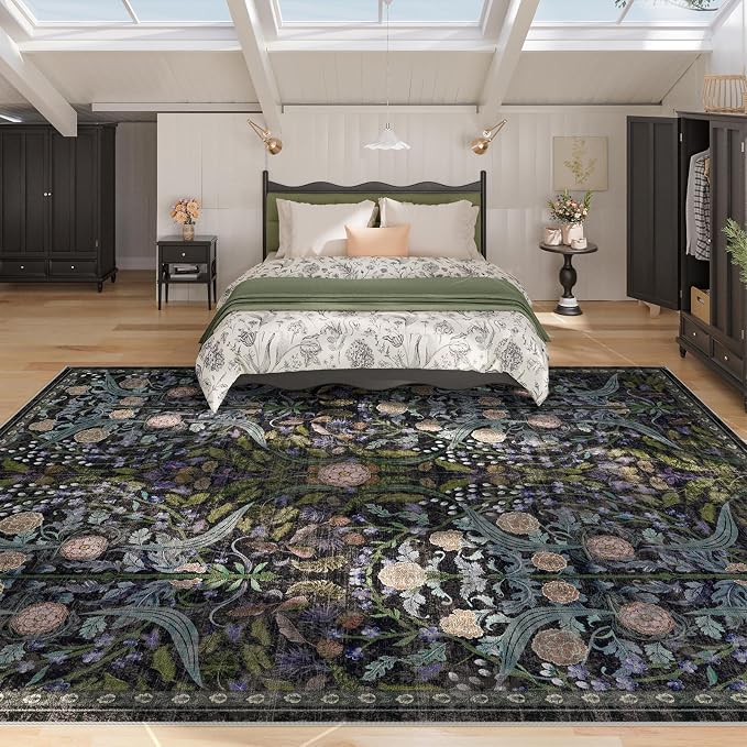 AMTOVO 8x10 Washable Area Rugs for Living Room, Non-Slip&Non-Shedding Large Soft Boho Floral Vintage Accent Print Carpet for Bedroom Dorm Dining Room Farmhouse Nursery Playroom Home Office, Black