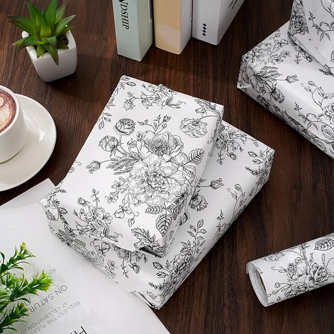 JarThenaAMCS Floral Wrapping Paper Mini Roll 17in x 32.8Ft Black White Flowers Gift Wrap Paper Vintage Floral Paper for Birthday Wedding Baby Shower Holiday Party Wrapping Supplies