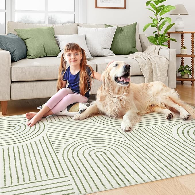 Lahome Abstract Washable Area Rug 5x7, Soft Bedroom Rug Ultra-Thin Non Slip Green Rugs for Living Room, Modern Accent Rug Large Carpet for Dining Room Office Darrell (5'x7',Green)