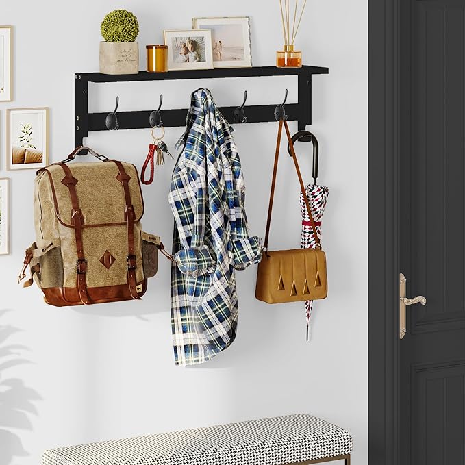 AMBIRD Coat Rack Wall Mount with Shelf, 28.9 Inches Coat Hooks Wall Mounted with 5 Hooks, Hat Wall Hooks for Hanging in Entryway, Living Room, Bathroom, Bedroom (Black, 28.9 * 4.5 inches)