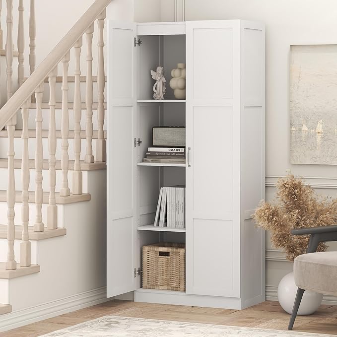 Furinno Robin Storage Cabinet, 4-Tier Pantry Cabinet with Adjustable Shelves, 30W with 2 Shaker-Doors, Kitchen Cabinet, Organization and Storage, for Pantry, Living Room, Home Office, White