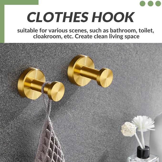 APLusee Brushed Gold Bathroom Towel Hooks 2 Pack, 304 Stainless Steel Robe Hooks for Kitchen Garage, Wall Mounted