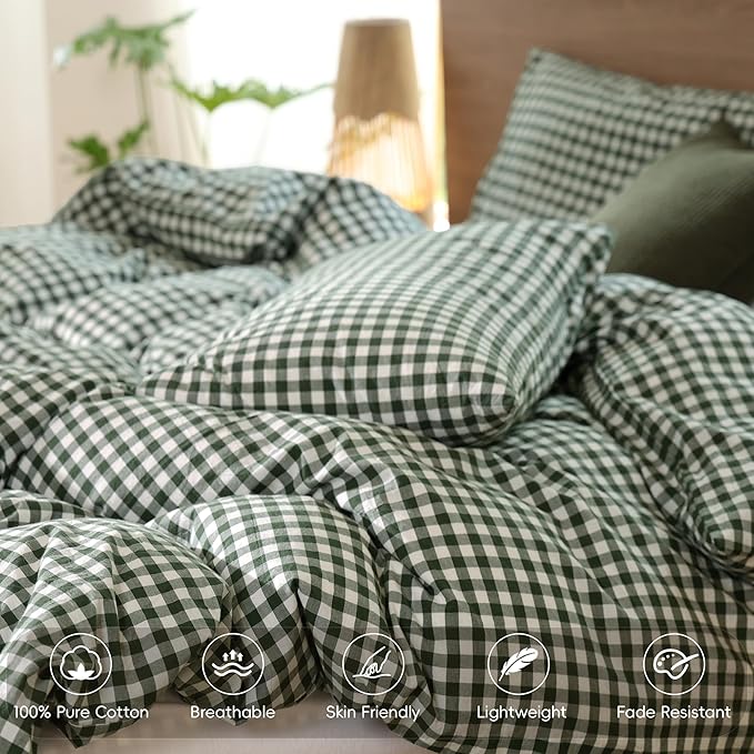 MooMee Gingham Duvet Cover Set 100% Washed Cotton Linen Like Textured Breathable Durable Soft Comfy Modern Checkered Design (Forest Green Gingham, Cal King 104"x98")