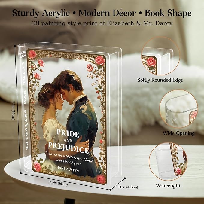 Pride and Prejudice Inspired Book Vase, Flower Vase for Home Decor, Birthday Gifts for Women Mom Book Lovers, Bookish Decor for Bookshelf Desk Coffee Table Office Living Room