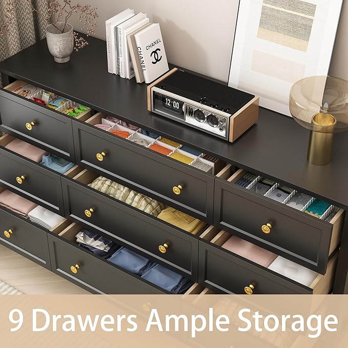 Black 9 Drawers Dresser for Bedroom, 59'' Large Wood Dresser with Gold Handles, Modern Wide Chest of Storage Drawers for Hallway, Living Room