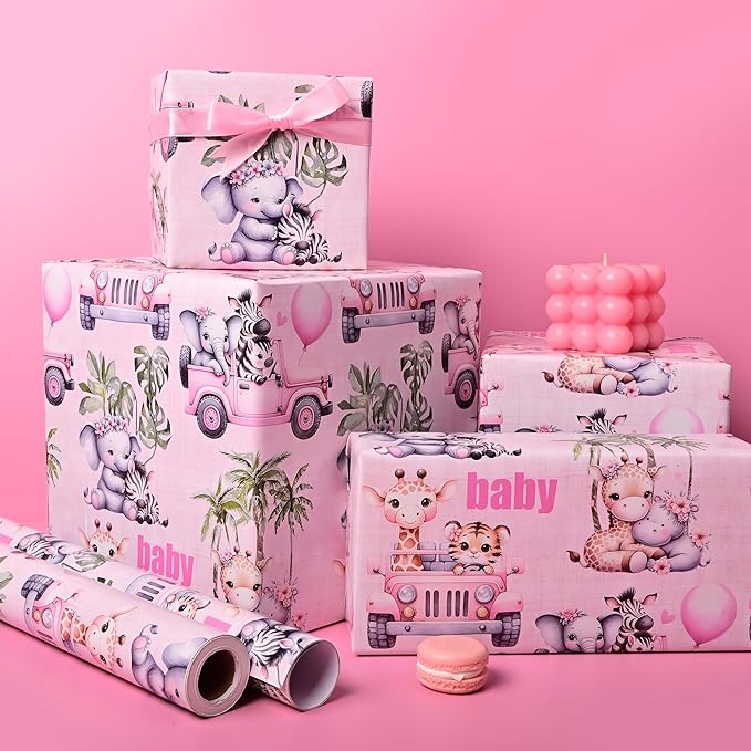 Altarho Baby Shower Wrapping Paper Roll - Pink Woodland Animals Truck Design Gift Wrap Sheets for Kids Boys Girls Baby Shower Party Decoration Celebration Total 28.5sq.ft