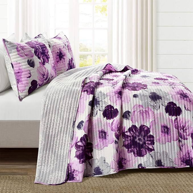 Lush Decor Leah Reversible Floral Quilt Set, 3 Piece Set, Full/ Queen, Gray & Purple - Watercolor Botanical - Cottage Core - French Country Decor- Bedding Queen Size