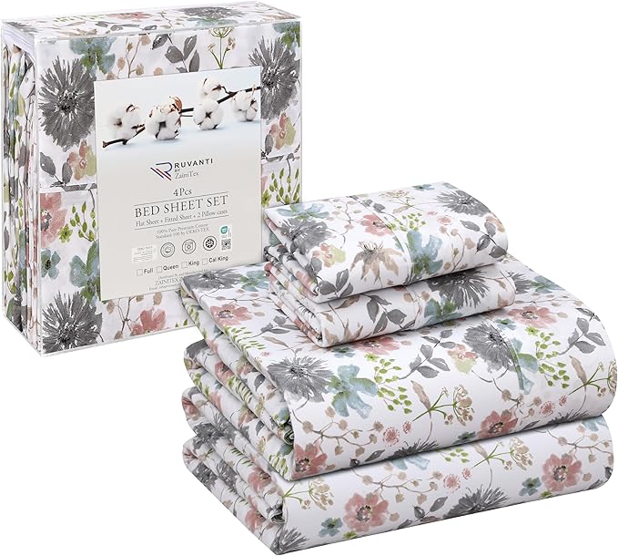 RUVANTI 100% Cotton Sheets Queen Size Set, 4 Pieces, Soft & Breathable Percale Weave Bedding, Deep Pocket 16", Hotel Standard, Crisp Cool Feeling, Durable, Perfect Floral Bed Sheet, Dandelion Field