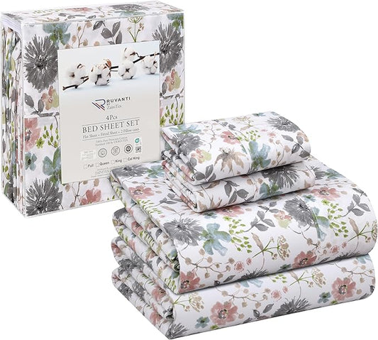 RUVANTI 100% Cotton Full Size Bed Sheets, 4 Pieces, Soft & Breathable Percale Weave Bedding, Deep Pocket 16", Hotel Standard, Crisp Cool Feel, Durable, Perfect Sheet Set Floral, Dandelion Field