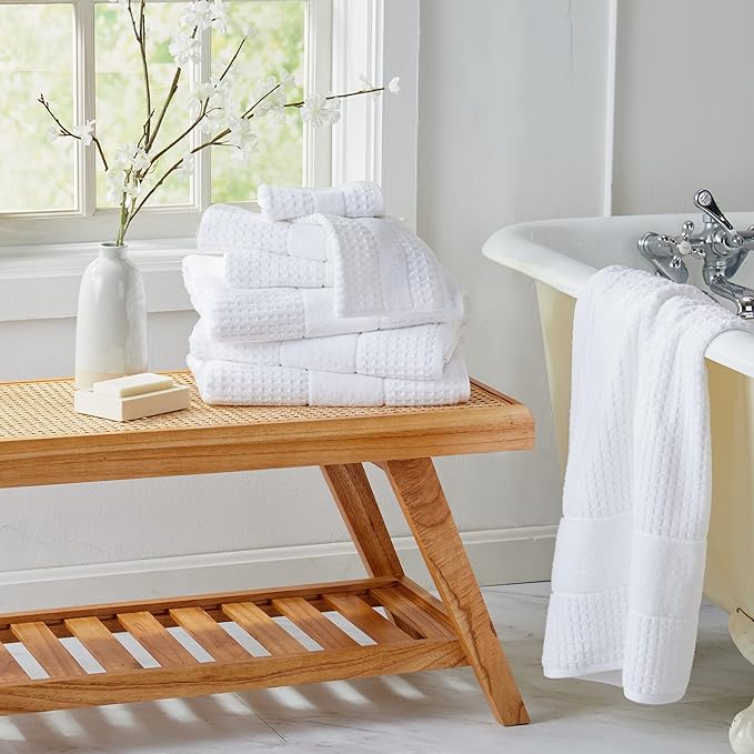Market & Place 100% Cotton Super Soft Luxury Hand Towel Set | Quick-Dry and Highly Absorbent | Waffle Textured | 550 GSM | Includes 6 Hand Towels | Harper Collection (White)