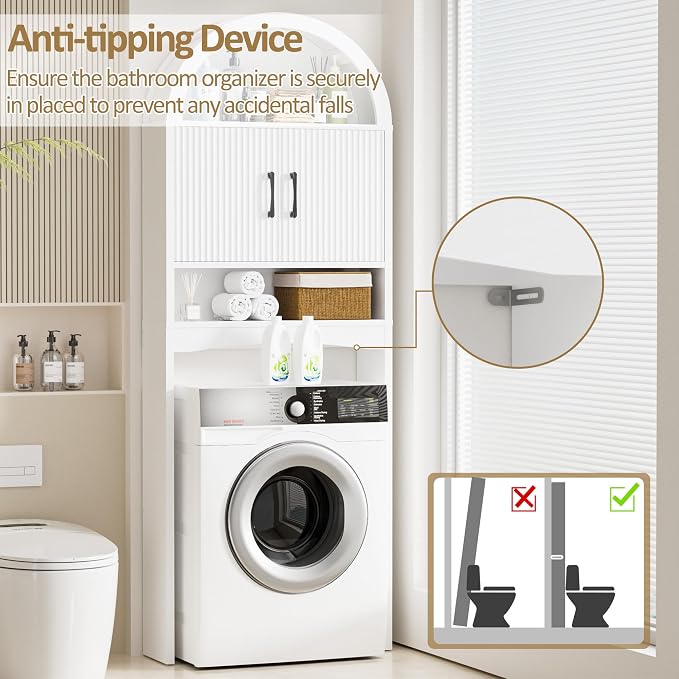 Spurgehom Over The Toilet Storage Cabinet, Bathroom Shelf Organizer Freestanding, Bathroom Arch Cabinet Over Toilet with Toilet Paper Holder and Anti-Tipping Device (Narrow Style-White)