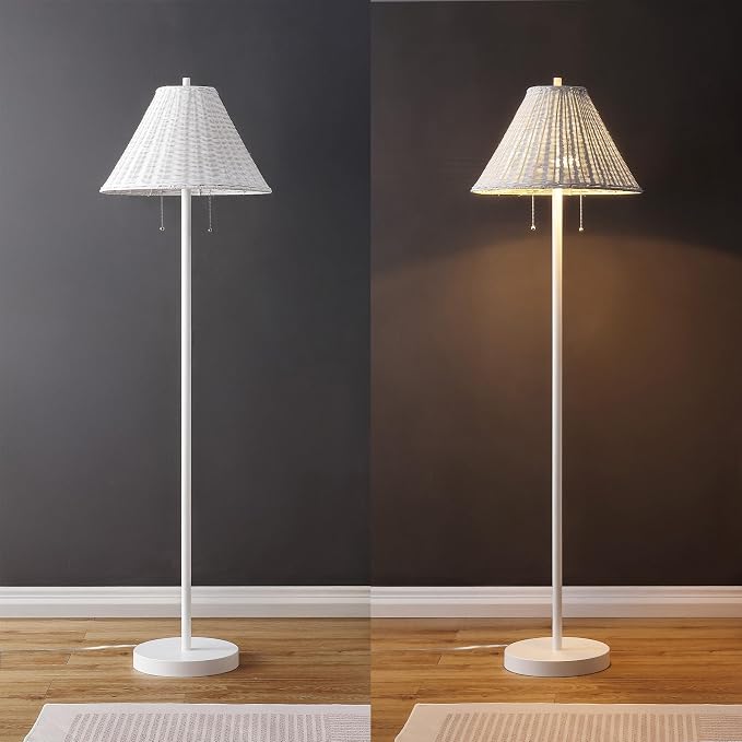 JONATHAN Y 61" White 2-Light Coastal Bohemian LED Floor Lamp for Living Room, Brown Rattan Shade, Mid-Century Modern Tall Standing Lamp, Pull-Chain, LED Bulbs Included (JYL3092B)