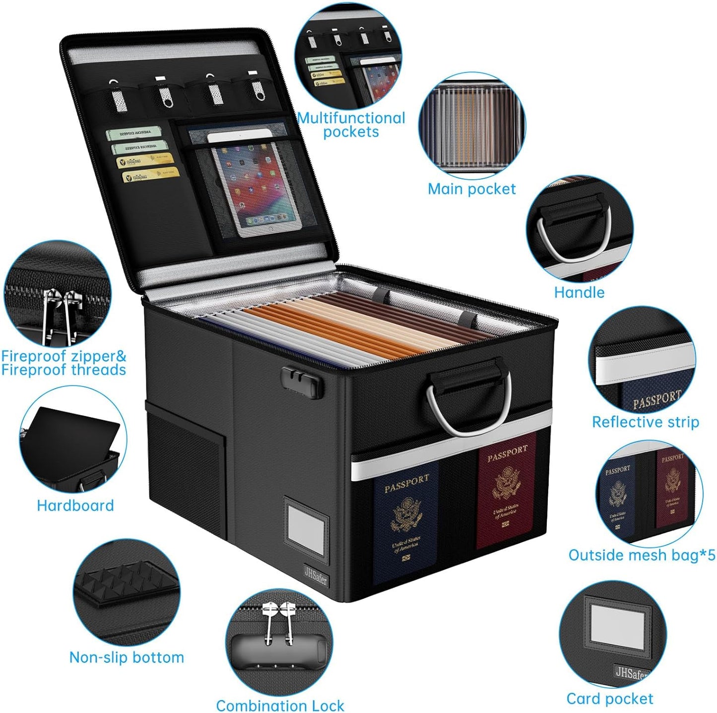 Skiennix Fireproof Document Box - Waterproof File Organizer with Lock & Handle | Portable Black Filing Cabinet