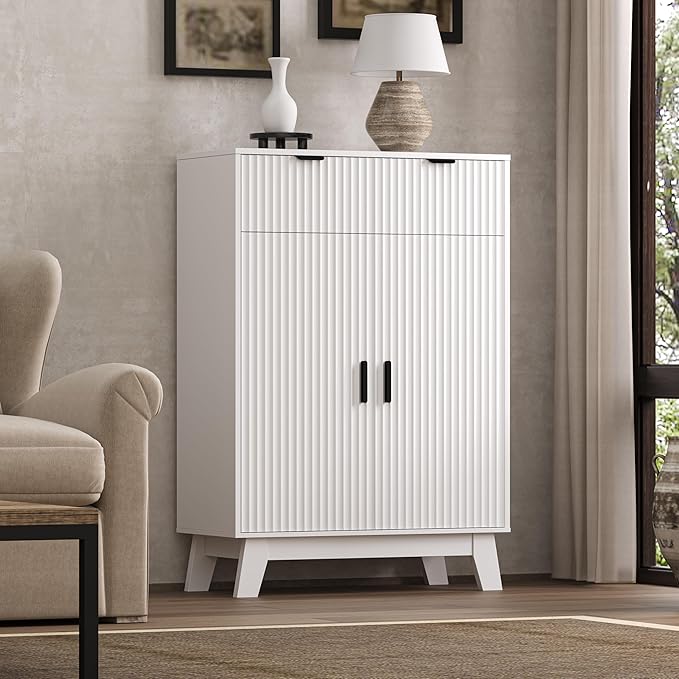 BOXACTION Fluted Shoe Cabinet, 4-Tier Mid Century Modern Narrow Shoe Storage Cabinet with Doors & 2 Drawers, Adjustable Shelves, Freestanding Hidden Shoe Rack Organizer & Wooden Legs for Entryway
