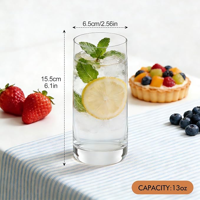 Highball Glasses Set of 6,13oz Clear Drinking Glass Cups for Mixed Drink Cocktail, Beer, Mojito, Water and Juice, Thick Tall Crystal Glassware for Kitchen, Restaurant, Home Bar and Parties