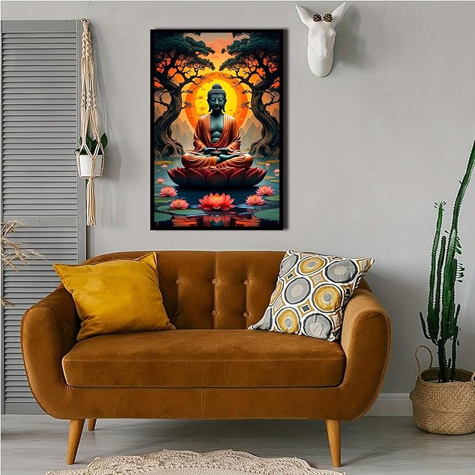 Canvas wall art Golden Buddha on lotus at sunset Ancient trees with reflections on water Serene meditation scene Uplifting wall art for mindfulness and tranquil home decor 24x36in Metal blackFramed