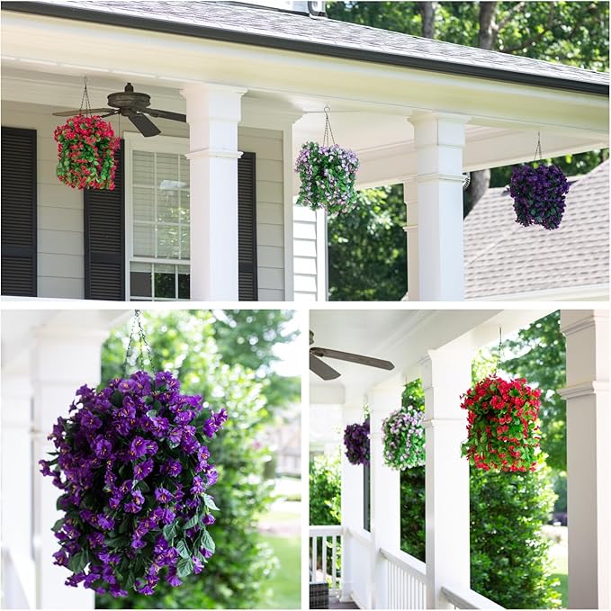 HyeFlora Artificial Faux Hanging White Flowers Plants Basket for Outdoor Outside Christmas Winter Decor, Fake UV Resistant Realistic Morning Glory Flowers for Porch Home Balcony Yard Patio Decoration
