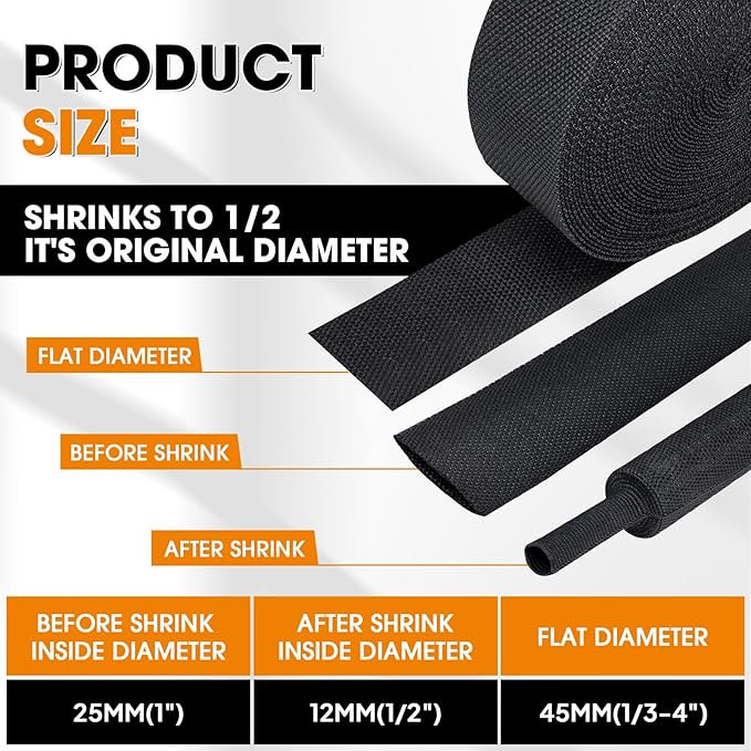 Black 2:1 Ratio Automotive Heat Shrink Braided Sleeving,Wear-Resistant Flat Woven Shrinkable Sleeve Fabric Car Cable Wires Hoses Protection (1"-26ft)