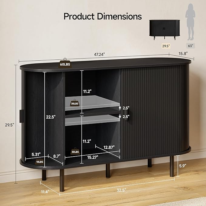 Buffet Sideboard Cabinet with Storage, 48" Fluted Cabinet with Sliding Door & Adjustable Shelf, Modern Accent Coffee Bar Console Table for Kitchen, Entryway, Black