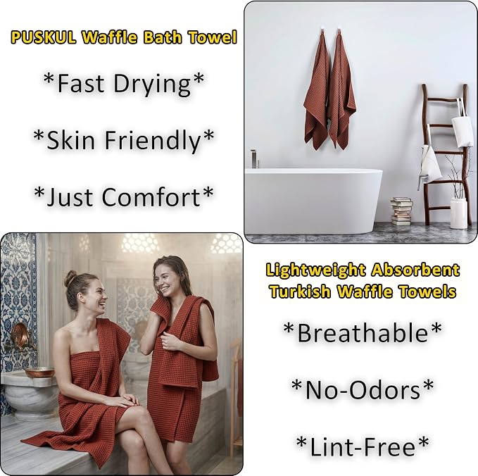 PÜSKÜL Natural 100% Turkish Cotton Waffle Bath Towels Set of 2-Piece | 32x63 inch Extra Large Absorbent Quick-Dry Lightweight Spa Towel | Decorative Guest Towel (Red Brick Bath Towels - Pack of 2)