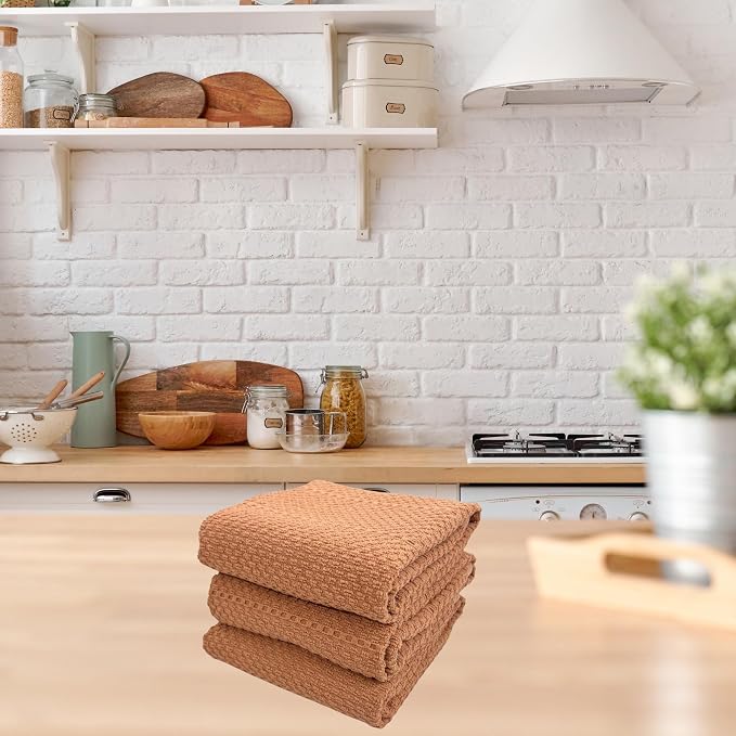 Beige Clay Peach Blush Tan Pink Kitchen Hand Dish Towels: Oversized 28" x 18",100% Cotton Cloth Soft Cleaning Drying Absorbent Textured Design, Set of 3 Multipurpose for Everyday Use (Sandstone)