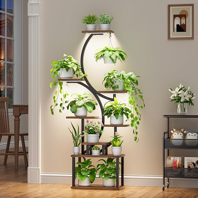 Plant Stand with Grow Lights for Indoor Plants, 8-Tiered Tall Corner Plant Shelf with Full Spectrum Light, S-Shaped Space-Saving Narrow Flower Holder, Anti-Tip for Living Room Bedroom Office, Brown