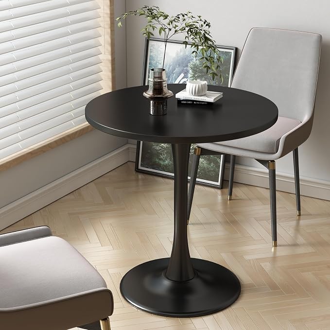 Round Dining Table 27.5" Circle Tulip Table with Wood Thickened Tabletop & Sturdy Metal Pedestal Mid Century Modern Leisure Bistro Kitchen Tables 4 People Small Places Living Room Cafe,Black