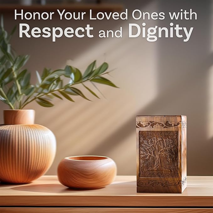 INTAJ Tree of Life Wooden Urn for Human Ashes, 20lbs Capacity, Suitable for Burial for Men, Women, Mom, Dad - Mini Rosewood Keepsake Cremation Urn for Ashes Handcrafted