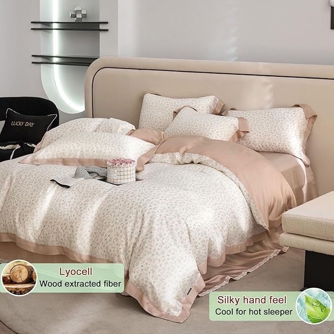 VM VOUGEMARKET Blush Pink Duvet Cover Twin Cooling Lyocell Teen Girls Flower Leaves Duvet Cover with Zipper Closure Romantic Ruffle Bedding Sets,Twin 68x86 Inch