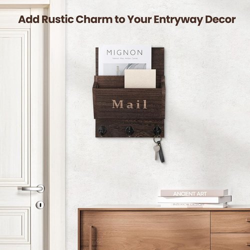 Mail and Key Holder | Decorative Wall Key Hanger - 9.8" x 12.5" Real Paulownia Wood with 2 Mail Slots & 3 Hooks (Brown)