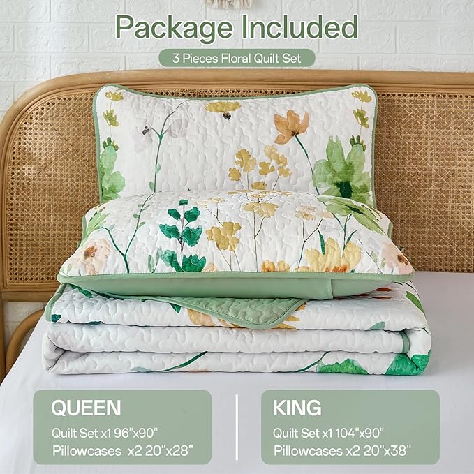 Anibedding Green Quilt Set King Size, Floral Bedspread with 2 Pillowcases, Soft Microfiber Lightweight Coverlet Bedding Set for All Season(104"x90")