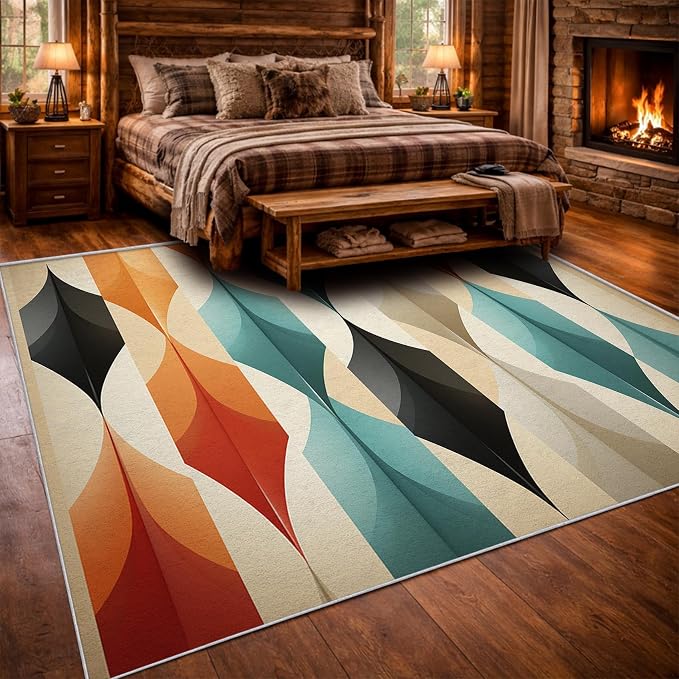 Mid Century Modern Area Rug 6x7, Washable Non Slip Low Pile Abstract Geometric Carpet for Living Room Bedroom Dining Room, Contemporary Retro Accent Rug, Ivory Teal Orange Black