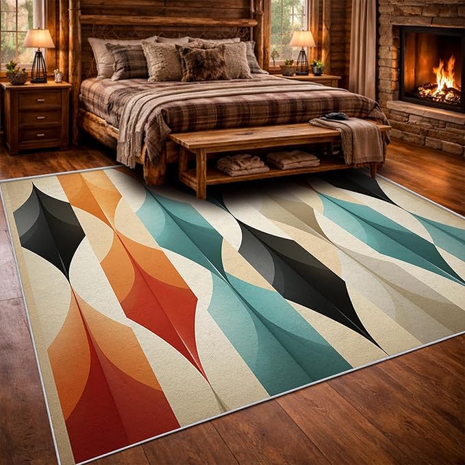Mid Century Modern Area Rug 5x5, Washable Non Slip Low Pile Abstract Geometric Carpet for Living Room Bedroom Dining Room, Contemporary Retro Accent Rug, Ivory Teal Orange Black