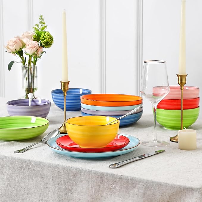 Selamica Ceramic Plates and Bowls Sets,32 Pieces Dinnerware Sets for 8,Scratch Resistant Dish Set for holiday gathering,Dishwasher & Microwave Safe, Dopamine Colors