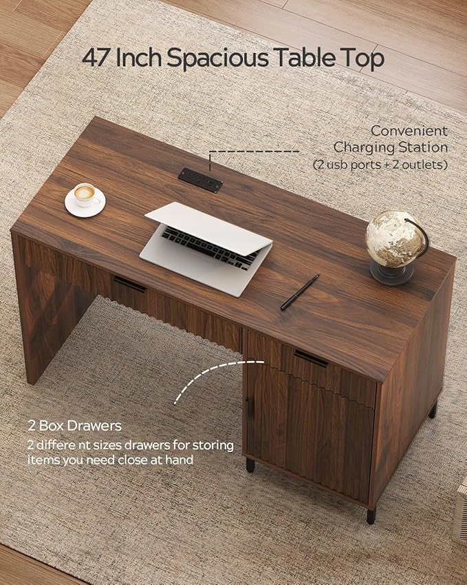 47" Fluted Executive Desk, Modern Wood Home Office Desk with Charging Station, Drawer & Cabinet, Computer Writing Desk for Work Study, Brown