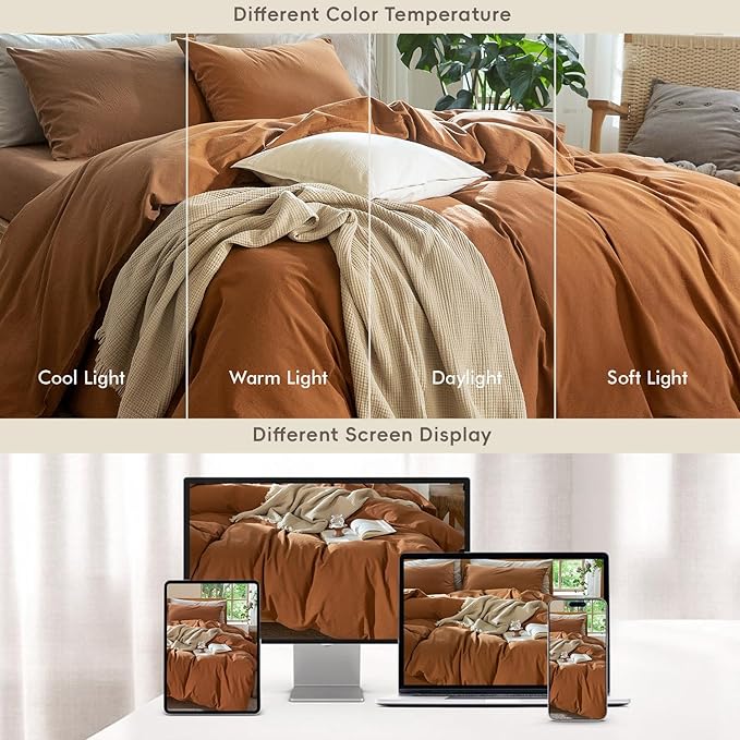 MooMee Bedding Duvet Cover Set 100% Washed Cotton Linen Like Textured Breathable Durable Soft Comfy (Solid Dark Orange, Twin 68"x90")
