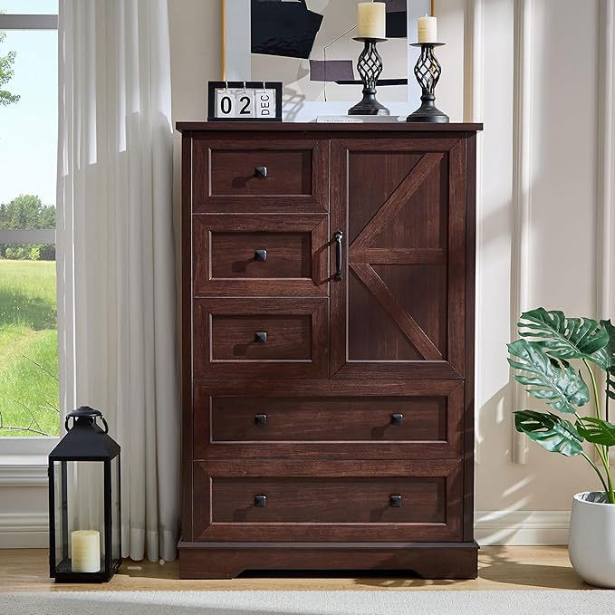 SOOWERY Dresser for Bedroom, Farmhouse Dresser with 5 Wooden Drawers and Storage Cabinet, 48 Inches Tall Chest of Drawers for Bedroom, Living Room, Hallway, Dark Cherry