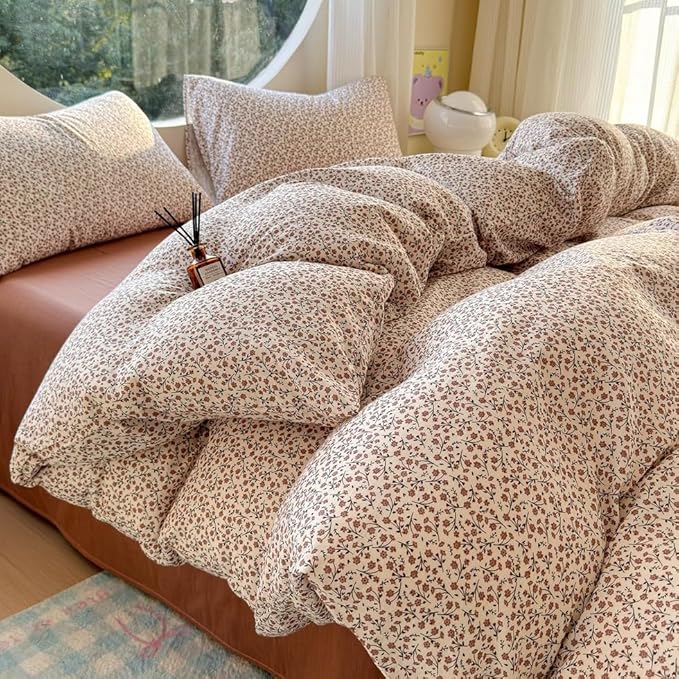 EAVD Chic Garden Small Floral Duvet Cover Queen Soft 100% Muslin Cotton Feel Gauze Vintage Floral Bedding Set with 2 Pillowcases Cottagecore Botanical Print Duvet Cover with Zipper Closure