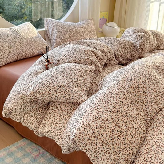 EAVD Chic Garden Small Floral Duvet Cover Queen Soft 100% Muslin Cotton Feel Gauze Vintage Floral Bedding Set with 2 Pillowcases Cottagecore Botanical Print Duvet Cover with Zipper Closure